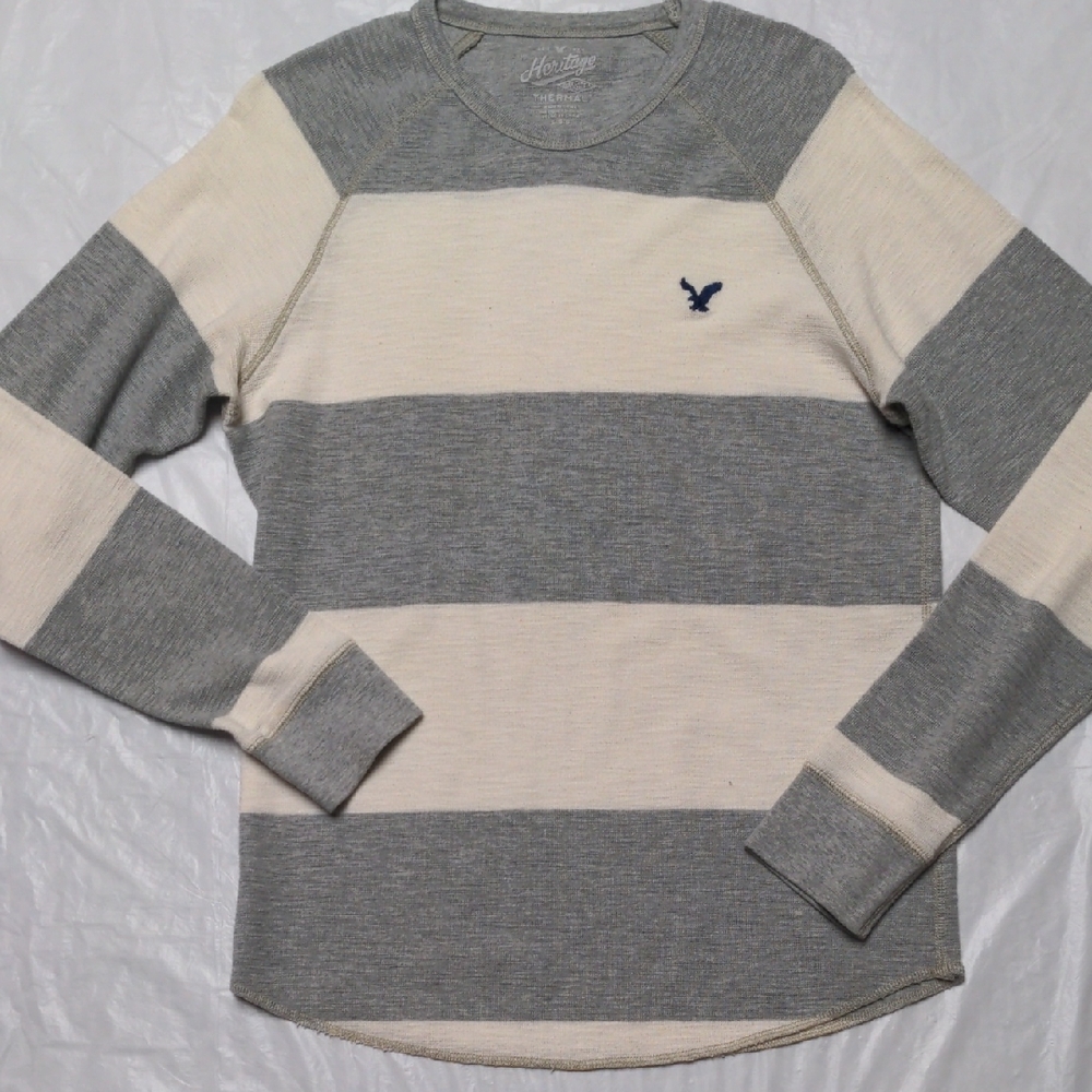 American Eagle Y2K Gray White Striped Thermal Long Sleeve Shirt Size Large